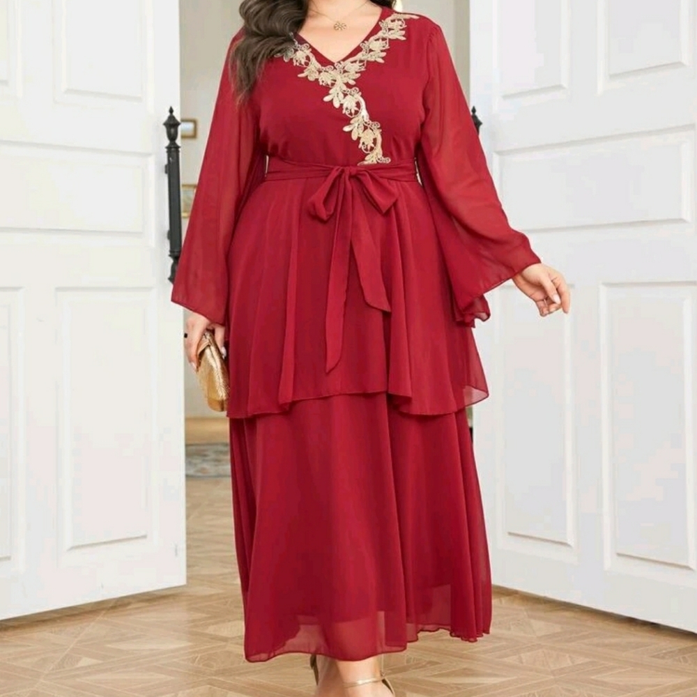 Floral Embroidery Belted Dress